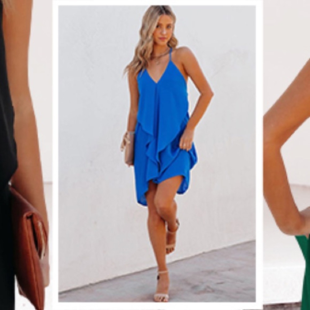 NWOT Amazon Sidefeel V Neck Halter Dress Ruffle Sleeveless Cocktail Mini Dress